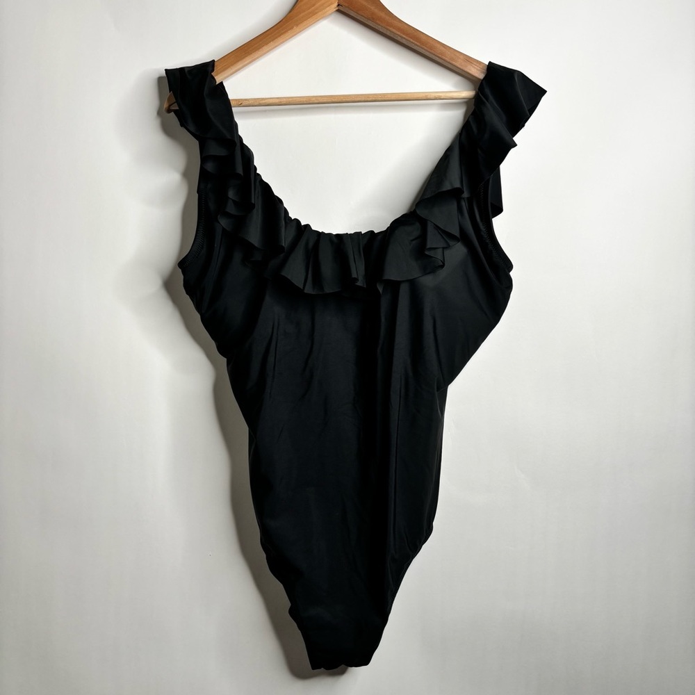 J. Crew Ruffle scoopback one-piece swimsuit Black size 14 - Picture 2 of 9